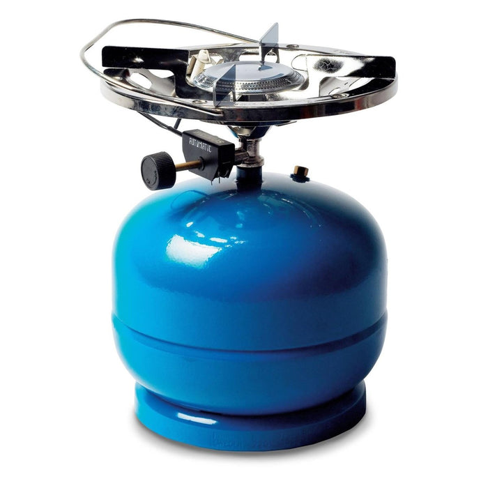Fornello da campeggio con bruciatore a propano blu con accensione piezoelettrica e bruciatore singolo per cucinare all'aperto e fare escursioni.