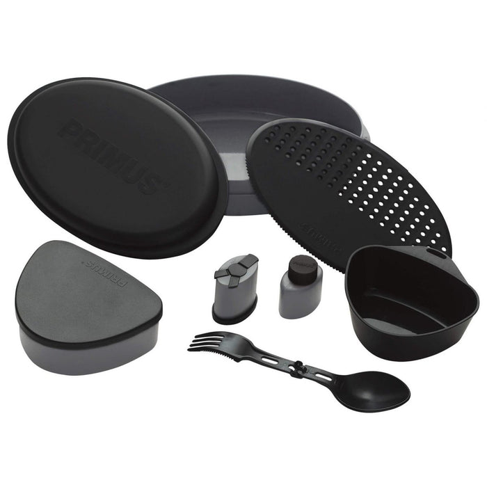 Kit da campeggio nero Primus Frigg W Piezo con piatti, utensili e contenitori per pasti all'aperto