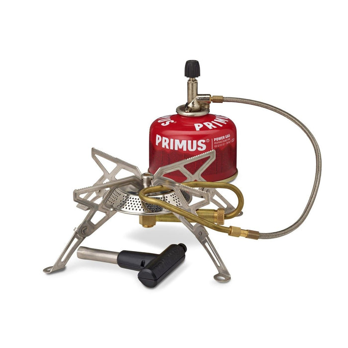 Bruciatore da campeggio Primus Gravity III ad alto rendimento con gambe pieghevoli, bombola del gas e strumento di accensione per cucinare all'aperto.