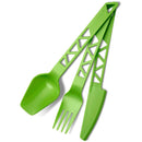 Lightweight green plastic camping cutlery set with spoon, fork, and serrated knife for outdoor use