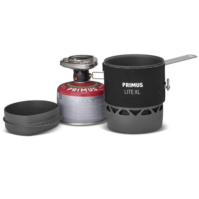 Set da cucina da campeggio Primus Lite XL con pentola da 1 litro, bruciatore leggero e tanica di carburante portatile per pasti all'aperto.