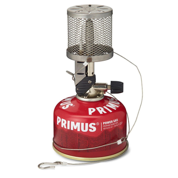 Lampada a gas portatile Primus Micron con luminosità regolabile, accensione piezoelettrica, rete in acciaio inossidabile e sistema di sospensione per uso in campeggio