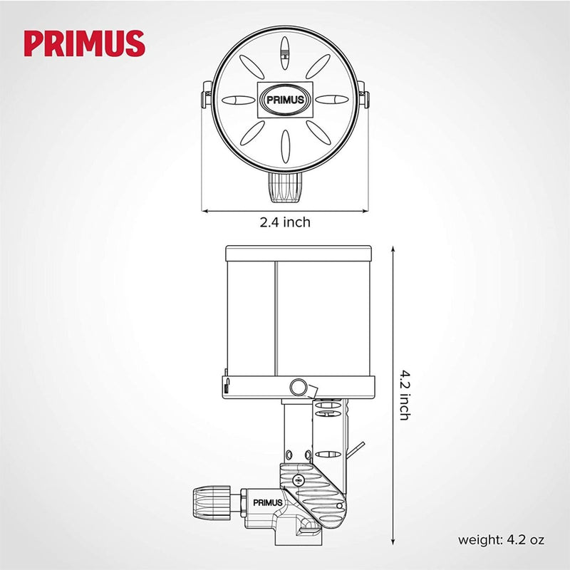 Technical drawing of Primus Micron gas lantern showing dimensions and adjustable ignition hanging system details