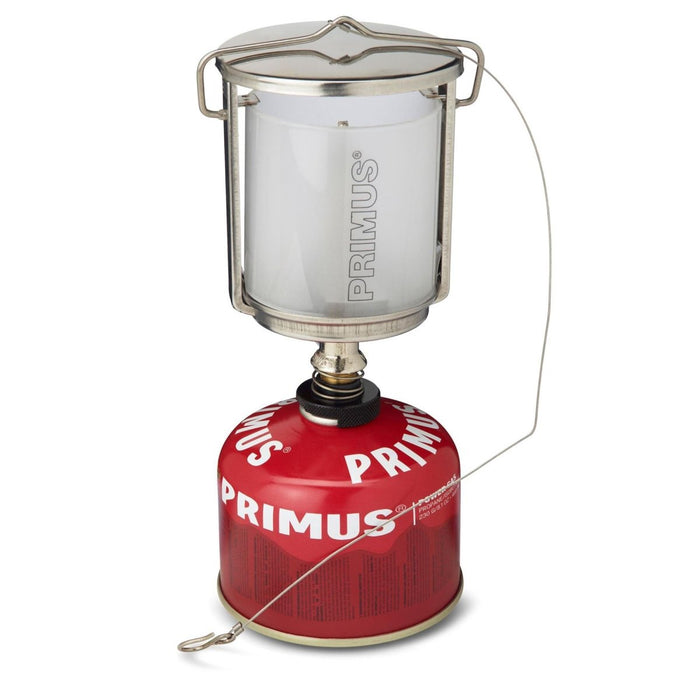 Lanterna a gas Primus Mimer Duo in acciaio inox con globo in vetro smerigliato e tanica di carburante rossa per luce da campeggio