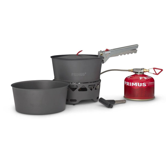 Set fornello da campeggio Primus PrimeTech da 1,3 litri con due pentole, bruciatore, tanica per carburante e pinza per pentole per cucinare all'aperto