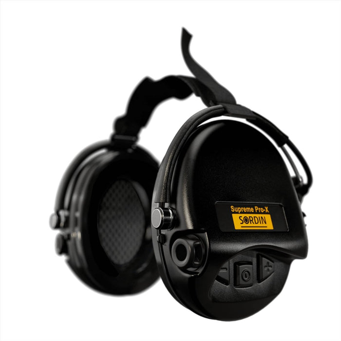 Protezione acustica elettronica con archetto da collo Sordin Supreme Pro-X con profili audio regolabili e padiglioni auricolari in nero