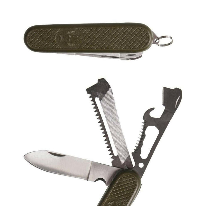 Coltello multiuso pieghevole in stile esercito spagnolo con manico verde oliva e molteplici lame e strumenti in acciaio inossidabile