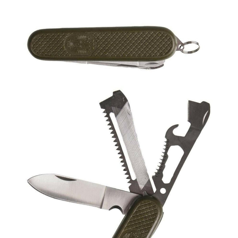 Spanish army style foldable multitool knife with olive green handle and multiple stainless steel blades and tools