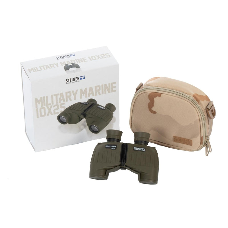 Steiner Military Marine 10x25 olive binoculars with rugged design, carrying case, and packaging box for outdoor use.