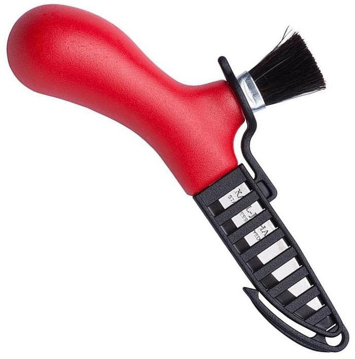 Coltello svedese per raccogliere funghi con manico ergonomico rosso, lama in acciaio inox e spazzola per pulire in vero crine.