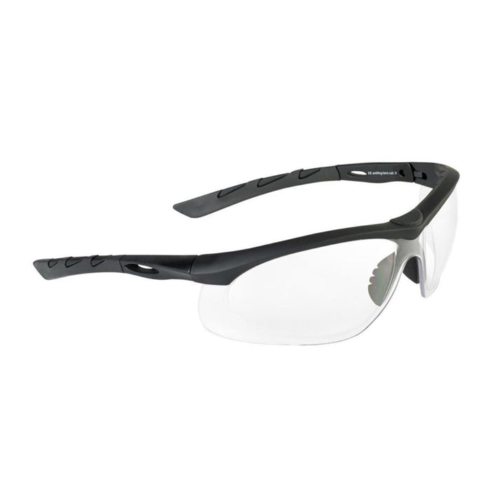 Occhiali di sicurezza tattici SWISS EYE Lancer con lenti trasparenti antiappannamento e comoda montatura gommata per la protezione degli occhi