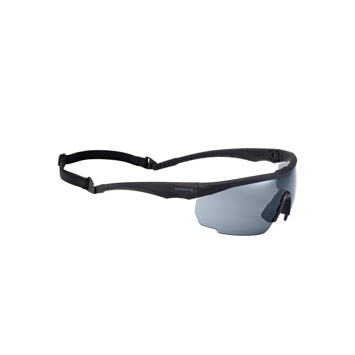 Occhiali di sicurezza SWISS EYE con lenti scure, cinturino regolabile, antiappannamento, antigraffio e protezione UV per il tiro.