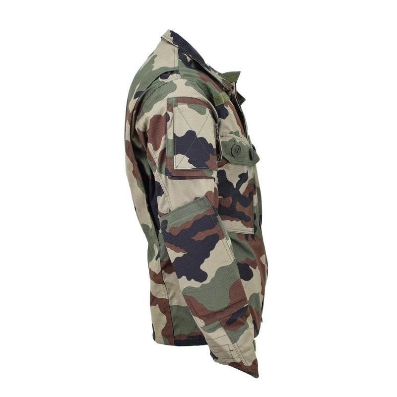 Side view of TACGEAR French military style camo woodland tactical commando jacket with pockets and reinforced elbows