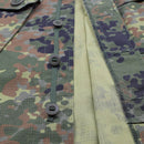 Close-up of TACGEAR Flecktarn camo tactical shirt buttons with durable ripstop fabric and German Army style pattern