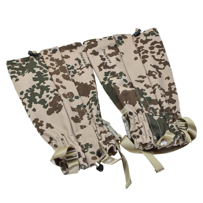 TACGEAR waterproof leg gaiters in Flecktarn Desert camo with metal hooks and adjustable straps for outdoor and tactical use