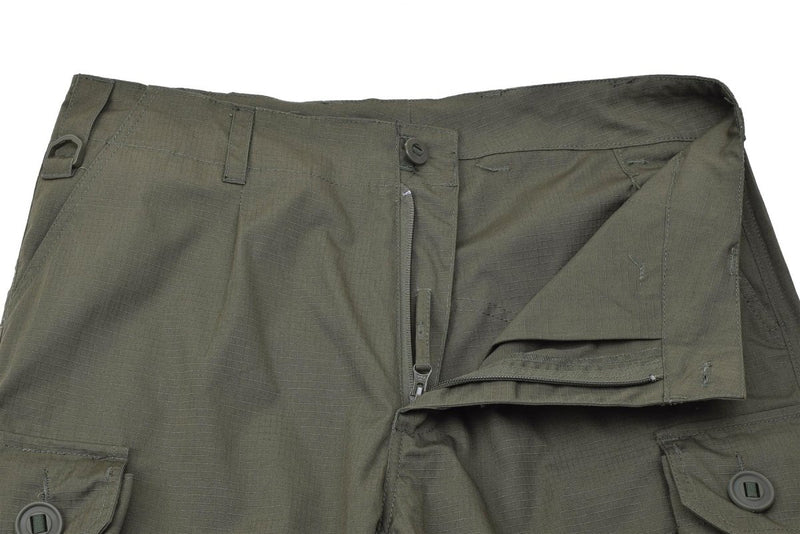 Olive green TACGEAR military field cargo pants made of ripstop fabric with reinforced stitching and multiple pockets.
