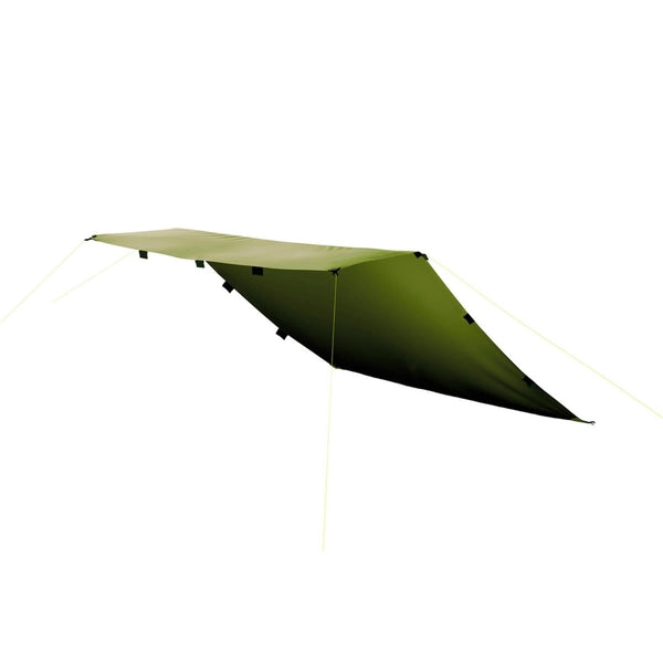 Olive green Tatonka lightweight waterproof tent shelter rain cover and sun awning with guy lines setup isolated on white
