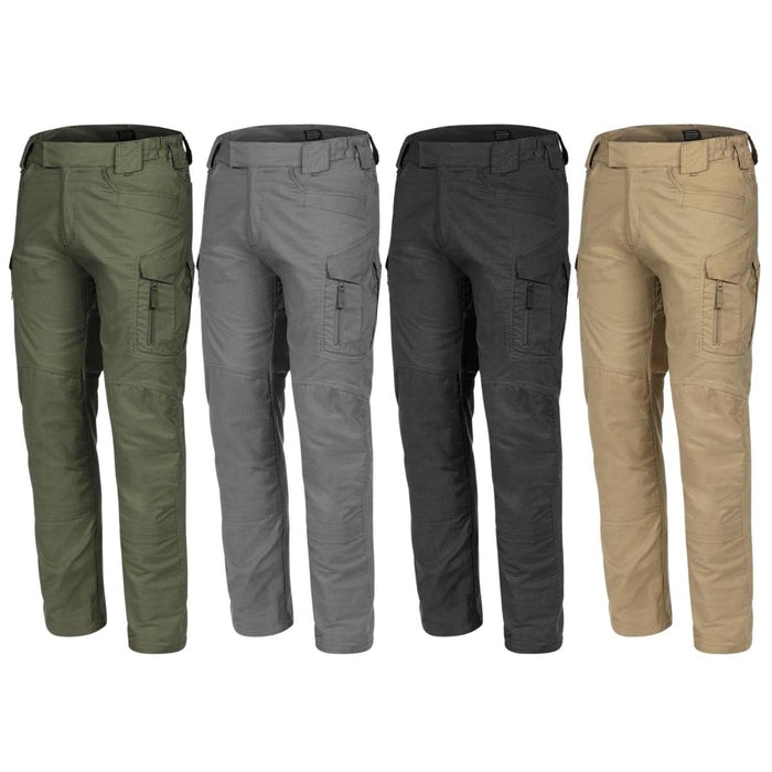 Quattro paia di pantaloni cargo tattici ripstop di grado militare TEXAR Elite Pro 2.0 nei colori verde, grigio, nero e beige.