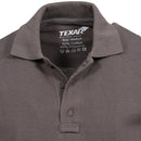 Close-up of TEXAR Elite Pro tactical short sleeve polo shirt in dark gray with buttoned collar and fabric label inside.