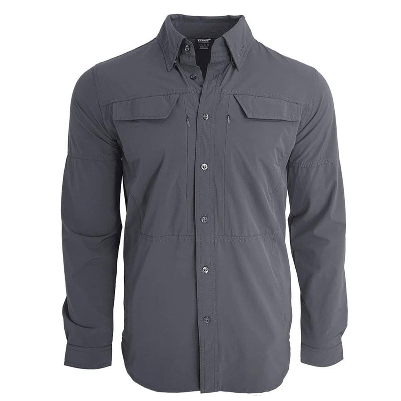 Slim fit TEXAR long-sleeve military shirt in dark gray, featuring durable fabric and reinforced stitching for outdoor use.