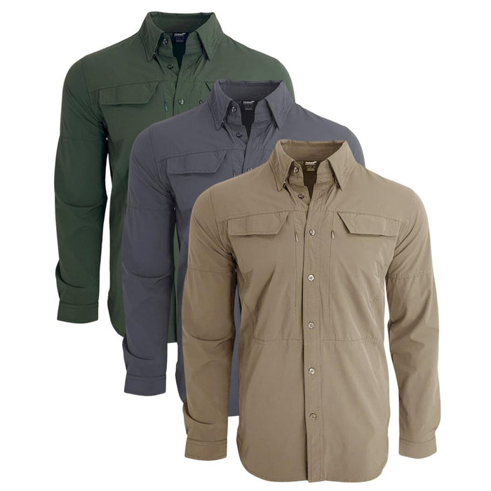 Tre camicie militari a maniche lunghe slim fit TEXAR in verde, grigio e marrone chiaro con abbottonatura frontale e tasche sul petto.