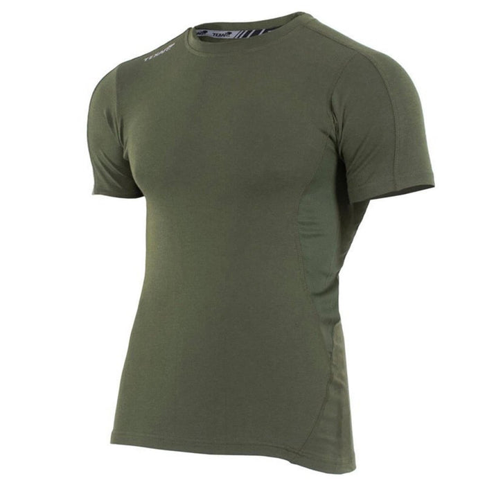 Maglietta intima tattica a maniche corte TEXAR verde oliva progettata per uso militare ed esterno con tessuto traspirante.