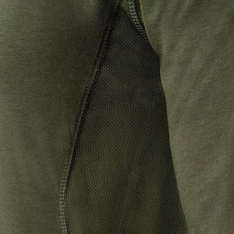 Close-up of TEXAR military thermal undershirt fabric and mesh ventilation in olive green long sleeve design.