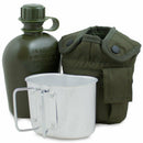U.S. Army style canteen M1 water bottle with metal cover cup and green pouch with alice clips for outdoor use