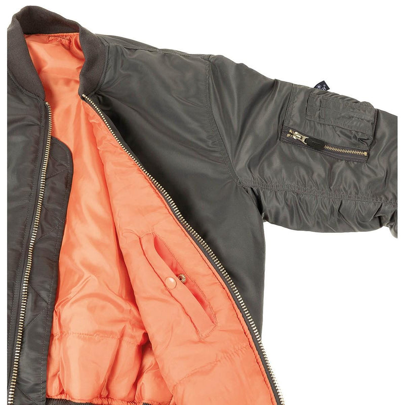 U.S. Army style MA1 bomber jacket in gray with orange lining, gold zipper, arm pocket, and ribbed cuffs.