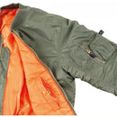 Olive green U.S. military MA1 bomber jacket with orange lining, zipper, elastic cuffs, and multiple pockets.