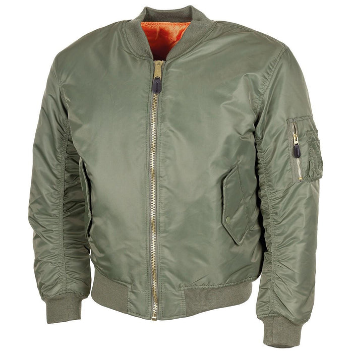 U.S. Military style olive MA1 bomber jacket with windproof, warm fabric, elastic cuffs, and multiple pockets.