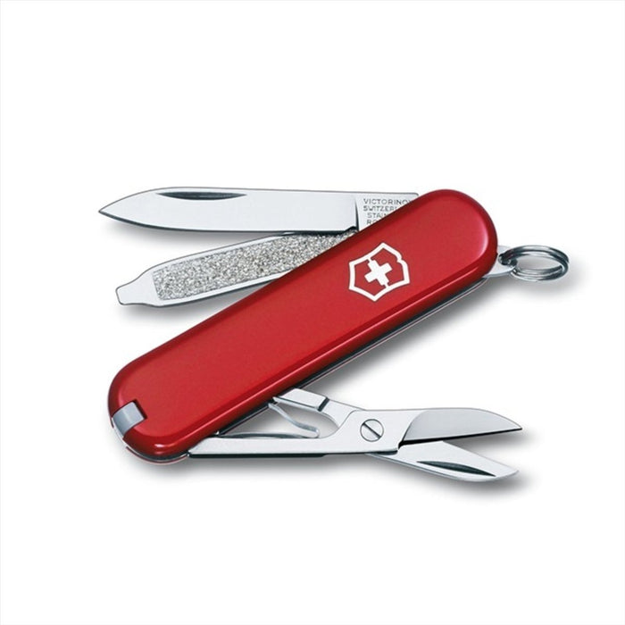 Victorinox Classic SD Swiss Army knife with 7 functions, red Cellidor handle, and compact 58mm design