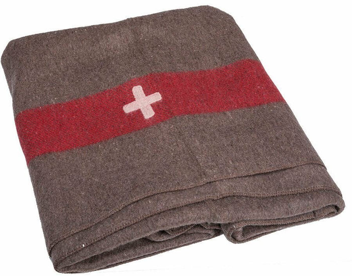 Coperta vintage dell'esercito svizzero in lana militare con strisce rosse e croce REPRO NUOVA - GoMilitar