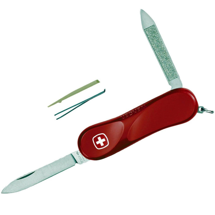 Coltello tascabile svizzero compatto Wenger Evolution 80 rosso con lame in acciaio inossidabile e piccoli utensili estesi