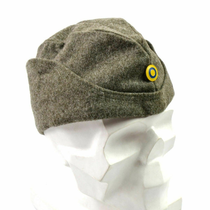 Berretto laterale in lana invernale dell'esercito svedese della Seconda Guerra Mondiale con cappello da guarnigione militare con emblema tondo blu e giallo